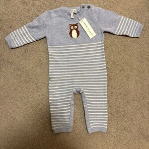 Janie and Jack Light Blue & White Striped Owl Knit One-Piece